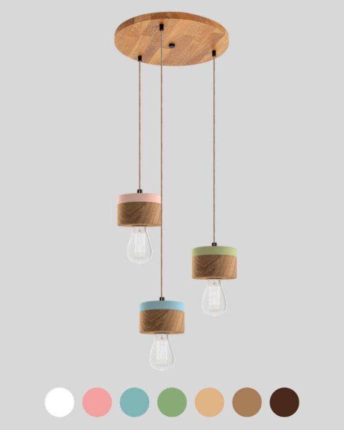 3er Pendelleuchte Eiche Pastellfarben Rundbaldachin 0239 ALMUT